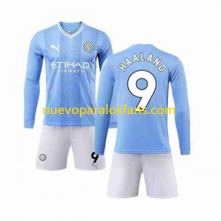 Camiseta de Fútbol Manchester City Haaland 9 Niño Casa 2023-2024 Manga Larga