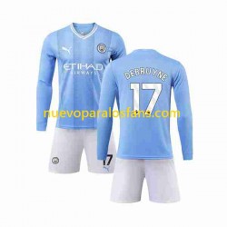 Camiseta de Fútbol Manchester City Kevin De Bruyne 17 Niño Casa 2023-2024 Manga Larga