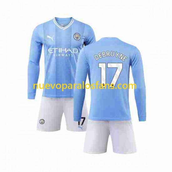 Camiseta de Fútbol Manchester City Kevin De Bruyne 17 Niño Casa 2023-2024 Manga Larga