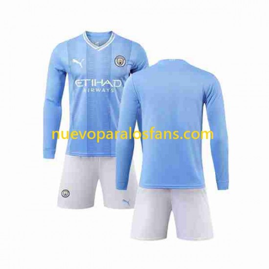 Camiseta de Fútbol Manchester City Niño Casa 2023-2024 Manga Larga