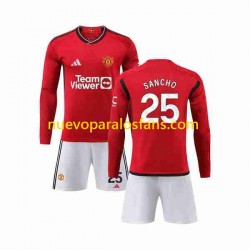 Camiseta de Fútbol Manchester United Sancho 25 Niño Casa 2023-2024 Manga Larga