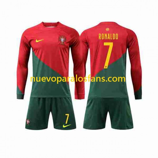 Camiseta de Fútbol Portugal Ronaldo 7 Niño Casa Copa Mundial 2022 Manga Larga