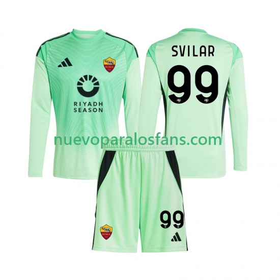Camiseta de Fútbol AS Roma Mile Svilar 99 Portero Niño Exterior Cuarto 2025-2026 Manga Larga