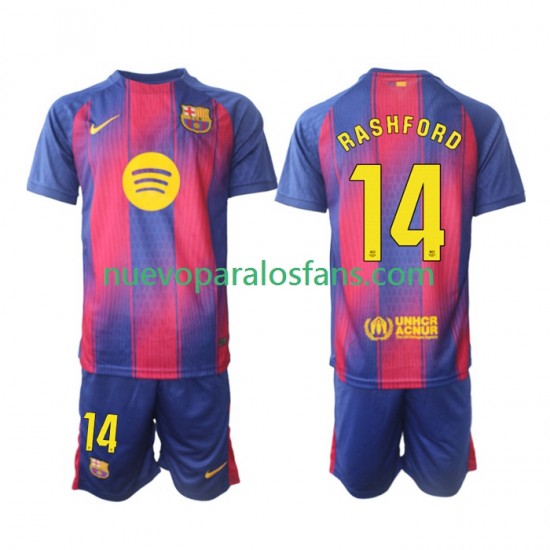 Camiseta de Fútbol FC Barcelona Marcus Rashford 14 Niño Casa 2025-2026 Manga Corta