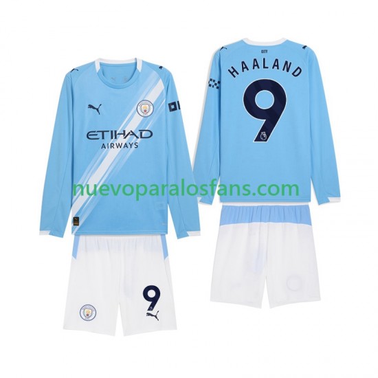 Camiseta de Fútbol Manchester City Erling Haaland 9 Niño Casa 2025-2026 Manga Larga