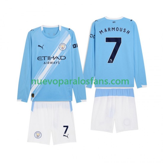 Camiseta de Fútbol Manchester City Omar Marmoush 7 Niño Casa 2025-2026 Manga Larga