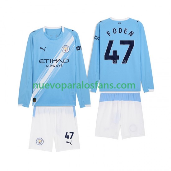 Camiseta de Fútbol Manchester City Phil Foden 47 Niño Casa 2025-2026 Manga Larga