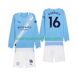 Camiseta de Fútbol Manchester City Rodrigo Hernandez 16 Niño Casa 2025-2026 Manga Larga