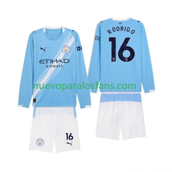 Camiseta de Fútbol Manchester City Rodrigo Hernandez 16 Niño Casa 2025-2026 Manga Larga