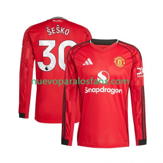 Camiseta de Fútbol Manchester United Benjamin Sesko 30 Hombre Casa 2025-2026 Manga Larga