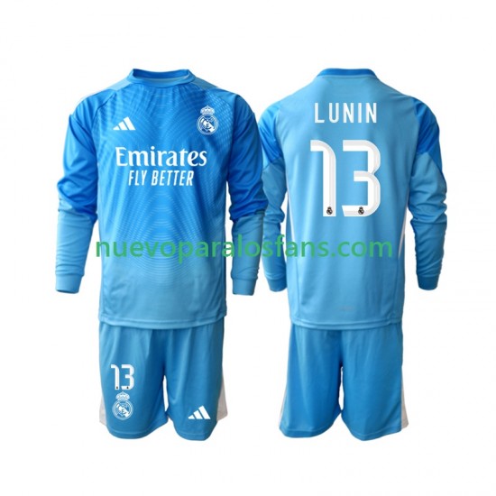 Camiseta de Fútbol Real Madrid Andriy Lunin 13 Portero Niño Casa 2025-2026 Manga Larga
