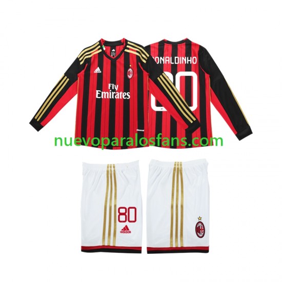 Camiseta de Fútbol AC Milan RONALDINHO 80 2013 2014 Retro Niño Casa Manga Larga