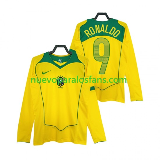 Camiseta de Fútbol Brasil RONALDO 9 Retro Hombre Casa 2004 Manga Larga