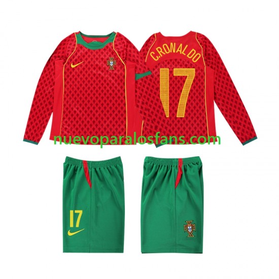 Camiseta de Fútbol Portugal Cristiano Ronaldo 17 Retro Niño Casa 2004 Manga Larga