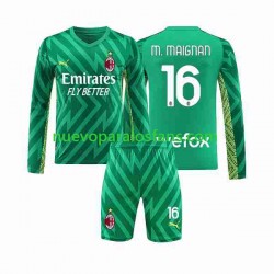 Camiseta de Fútbol AC Milan Mike Maignan 16 Portero Niño Casa 2023-2024 Manga Larga