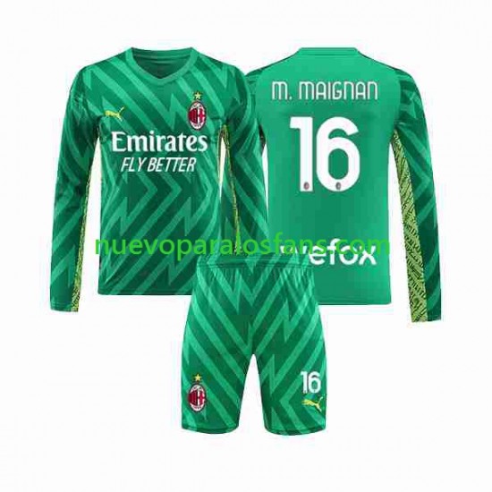 Camiseta de Fútbol AC Milan Mike Maignan 16 Portero Niño Casa 2023-2024 Manga Larga