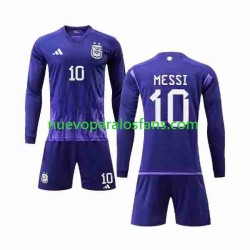 Camiseta de Fútbol Argentina 3 Stars Lionel Messi 10 Niño Exterior Copa Mundial 2022 Manga Larga