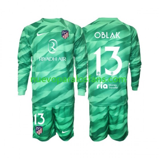 Camiseta de Fútbol Verde Atlético Madrid Jan Oblak 13 Portero Niño Exterior 2023-2024 Manga Larga