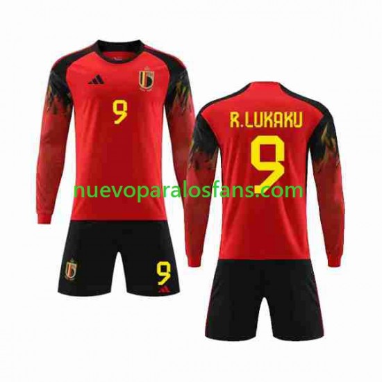 Camiseta de Fútbol Bélgica R.LUKAKU 9 Niño Casa Copa Mundial 2022 Manga Larga