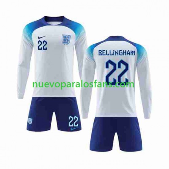 Camiseta de Fútbol Inglaterra Bellingham 22 Niño Casa Copa Mundial 2022 Manga Larga