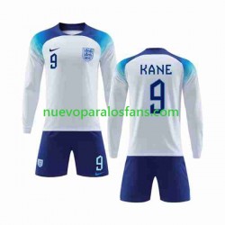 Camiseta de Fútbol Inglaterra Kane 9 Niño Casa Copa Mundial 2022 Manga Larga