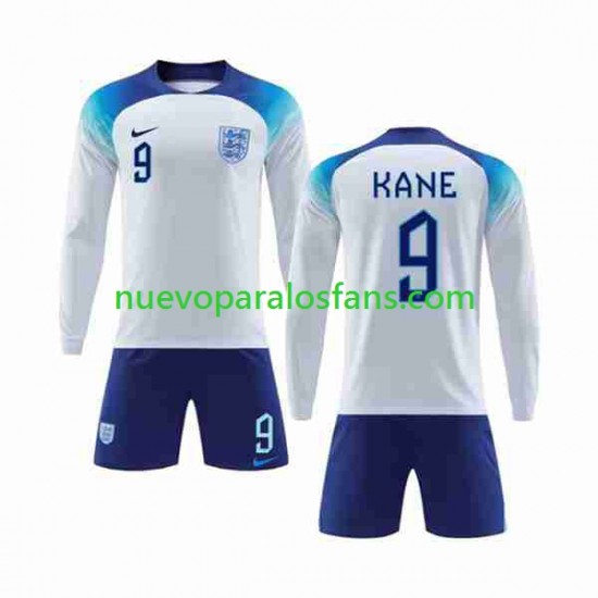 Camiseta de Fútbol Inglaterra Kane 9 Niño Casa Copa Mundial 2022 Manga Larga