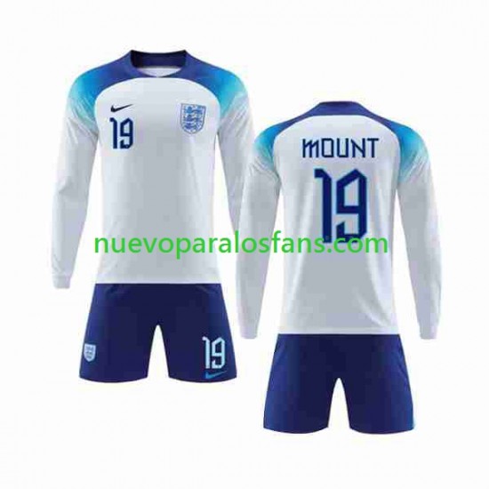 Camiseta de Fútbol Inglaterra Mount 19 Niño Casa Copa Mundial 2022 Manga Larga