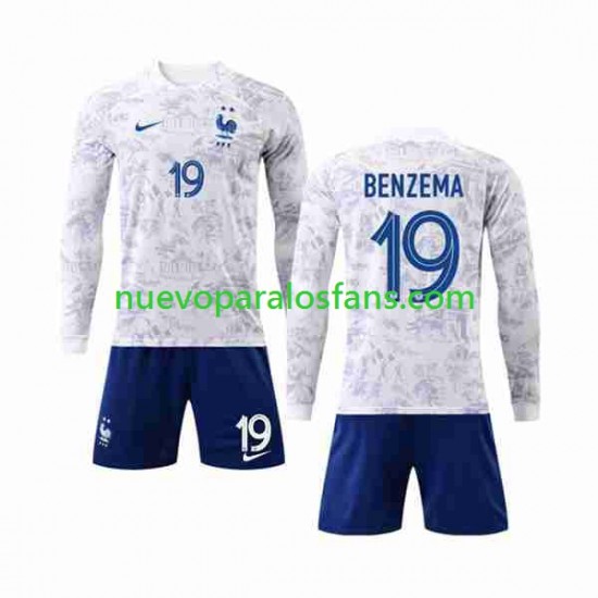 Camiseta de Fútbol Francia Benzema 19 Niño Exterior Copa Mundial 2022 Manga Larga