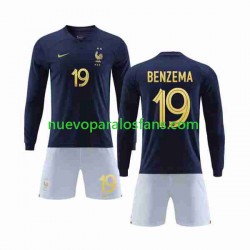 Camiseta de Fútbol Francia Benzema 19 Niño Casa Copa Mundial 2022 Manga Larga