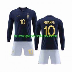 Camiseta de Fútbol Francia Mbappé 10 Niño Casa Copa Mundial 2022 Manga Larga