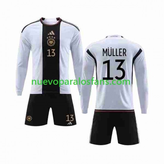 Camiseta de Fútbol Alemania MULLER 13 Niño Casa Copa Mundial 2022 Manga Larga