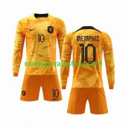 Camiseta de Fútbol Países Bajos Memphis 10 Niño Casa Copa Mundial 2022 Manga Larga