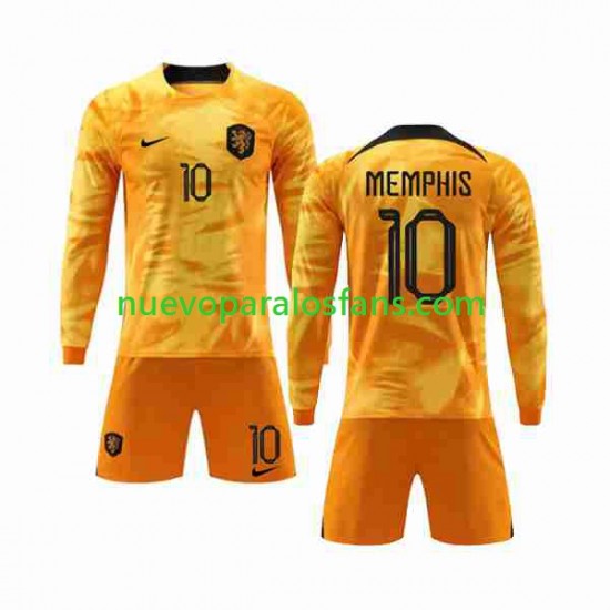 Camiseta de Fútbol Países Bajos Memphis 10 Niño Casa Copa Mundial 2022 Manga Larga