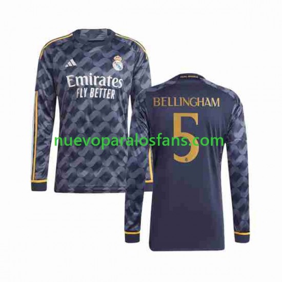 Camiseta de Fútbol Real Madrid Jude Bellingham 5 Hombre Exterior 2023-2024 Manga Larga