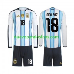 Camiseta de Fútbol Argentina Nico Paz 18 Niño Casa Copa Mundial 2026 Manga Larga