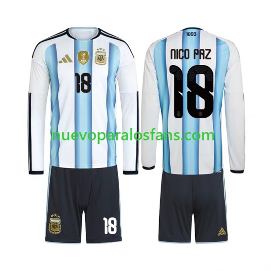 Camiseta de Fútbol Argentina Nico Paz 18 Niño Casa Copa Mundial 2026 Manga Larga