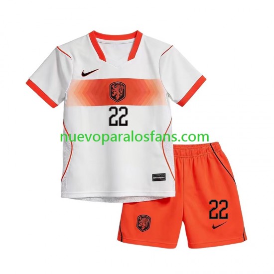 Camiseta de Fútbol Países Bajos Denzel Dumfries 22 Niño Exterior Copa Mundial 2026 Manga Corta