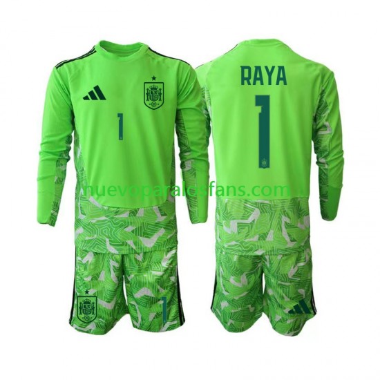 Camiseta de Fútbol Verde España David Raya 1 6th Portero Niño Copa Mundial 2026 Manga Larga