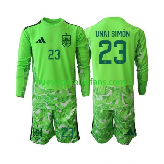Camiseta de Fútbol Verde España Unai Simon 23 6th Portero Niño Copa Mundial 2026 Manga Larga