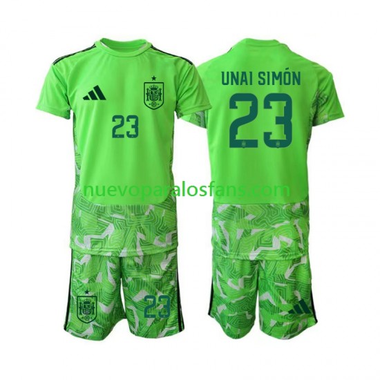Camiseta de Fútbol Verde España Unai Simon 23 6th Portero Niño Copa Mundial 2026 Manga Corta