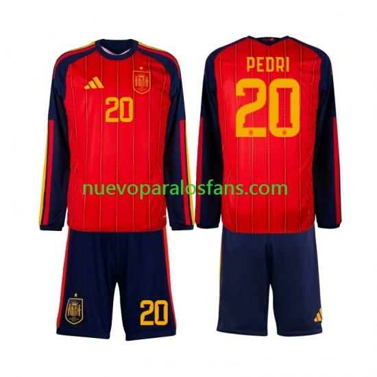 Camiseta de Fútbol España Pedri 20 Niño Casa Copa Mundial 2026 Manga Larga