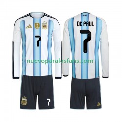 Camiseta de Fútbol Argentina Rodrigo De Paul 7 Niño Casa Copa Mundial 2026 Manga Larga