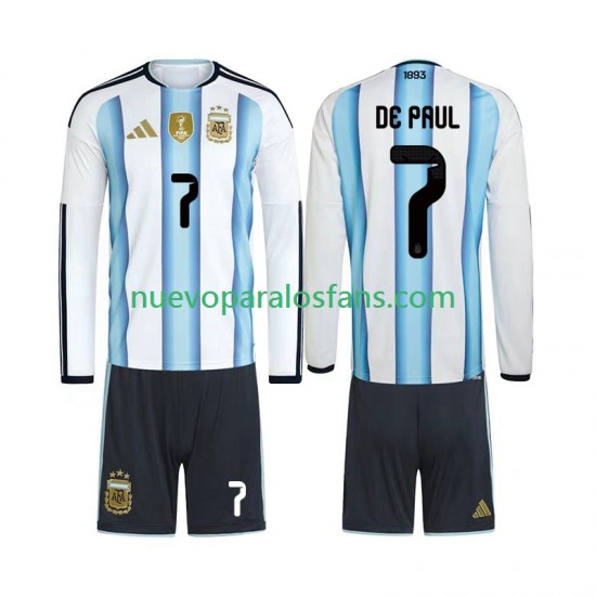 Camiseta de Fútbol Argentina Rodrigo De Paul 7 Niño Casa Copa Mundial 2026 Manga Larga