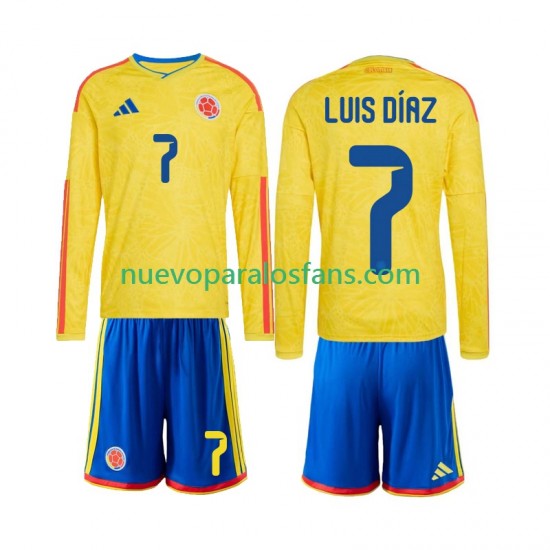 Camiseta de Fútbol Colombia Luis Diaz 7 Niño Casa Copa Mundial 2026 Manga Larga