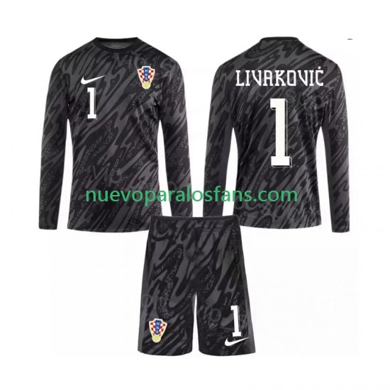 Camiseta de Fútbol Croacia DOMINIK LIVAKOVIC 1 Portero Niño Tercera 2024 Manga Larga