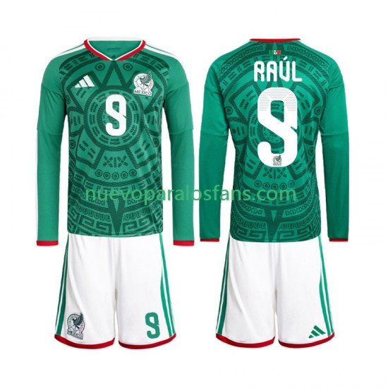 Camiseta de Fútbol México Raul Jimenez 9 Niño Casa Copa Mundial 2026 Manga Larga