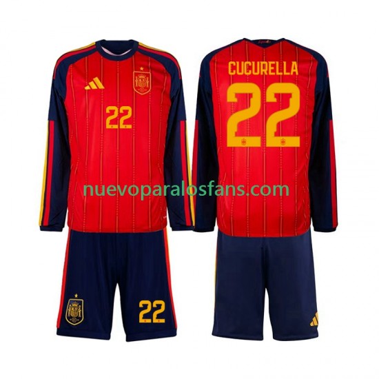 Camiseta de Fútbol España Marc Cucurella 22 Niño Casa Copa Mundial 2026 Manga Larga