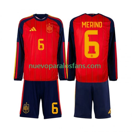 Camiseta de Fútbol España Mikel Merino 6 Niño Casa Copa Mundial 2026 Manga Larga