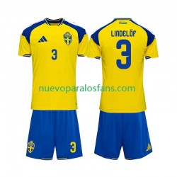 Camiseta de Fútbol Suecia Victor Lindelof 3 Niño Casa 2026 Manga Corta