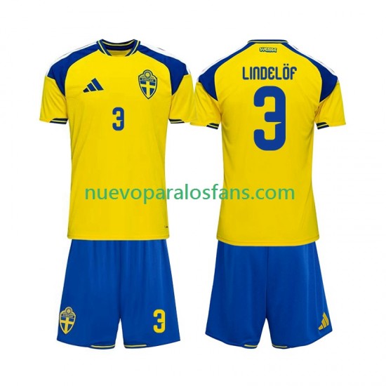 Camiseta de Fútbol Suecia Victor Lindelof 3 Niño Casa 2026 Manga Corta